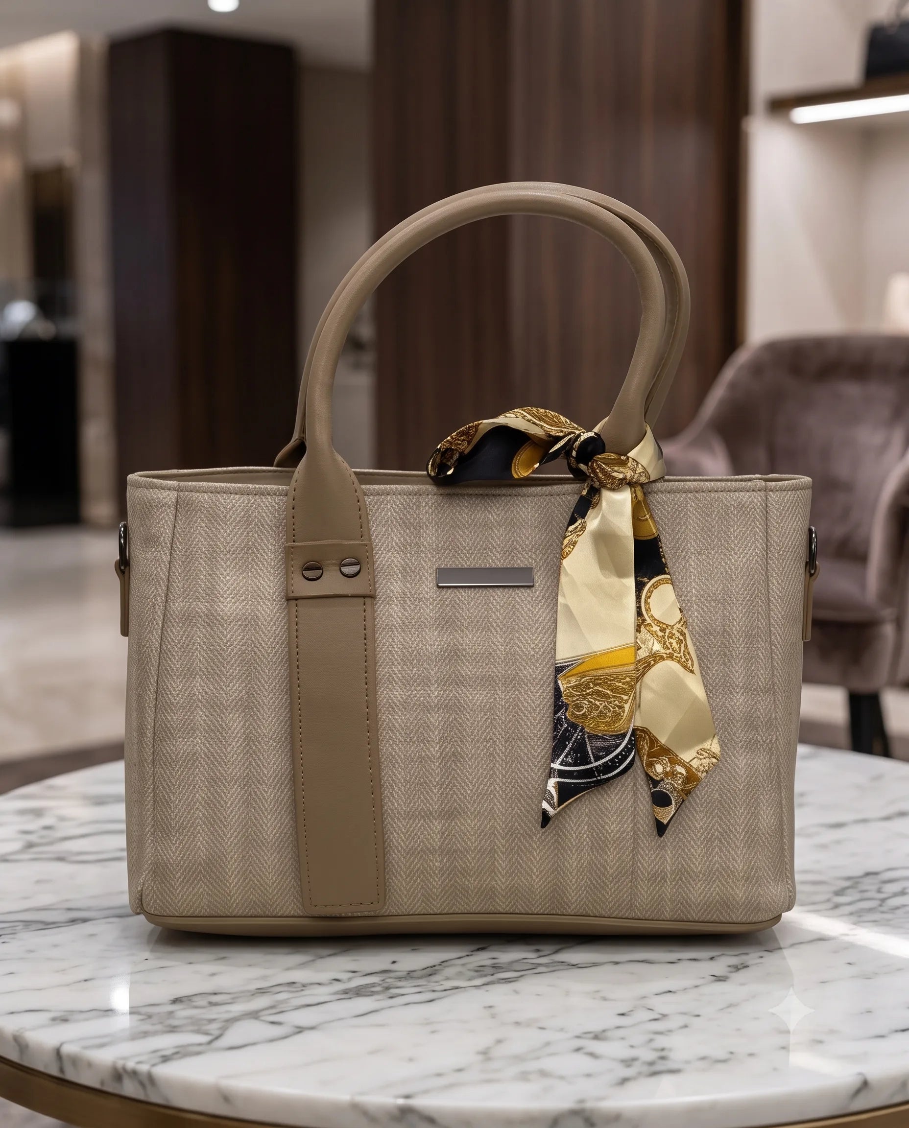 Aesthetic Herringbone Beige Satchel Bag