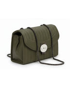 Green handbag with a chain detail on a white background