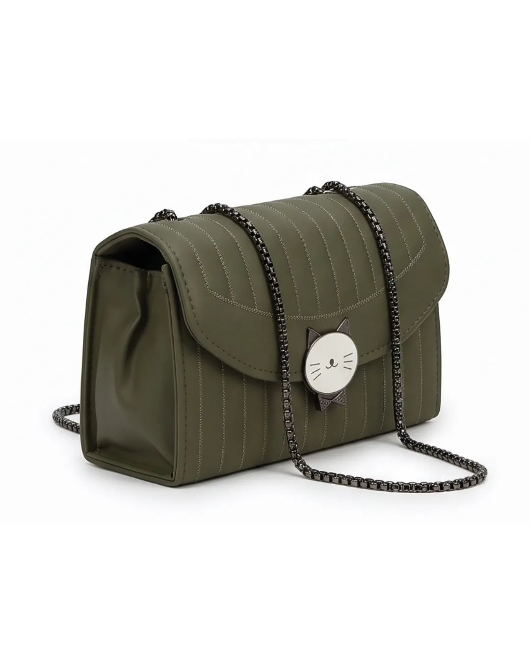 Green handbag with a chain detail on a white background