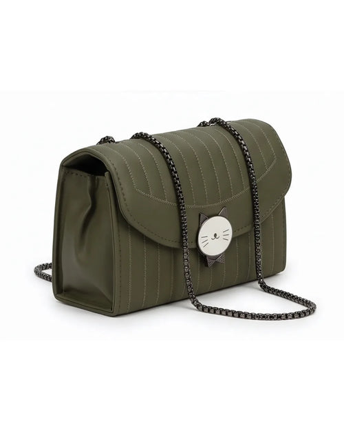 Green handbag with a chain detail on a white background