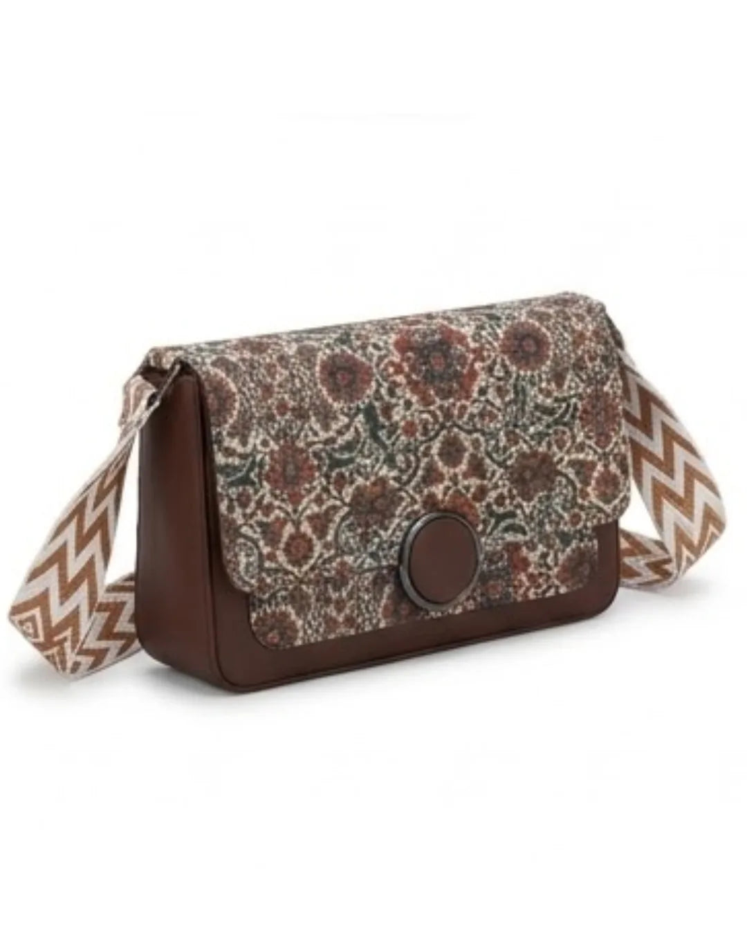 Floral patterned bag with a brown base and zigzag strap on a white background