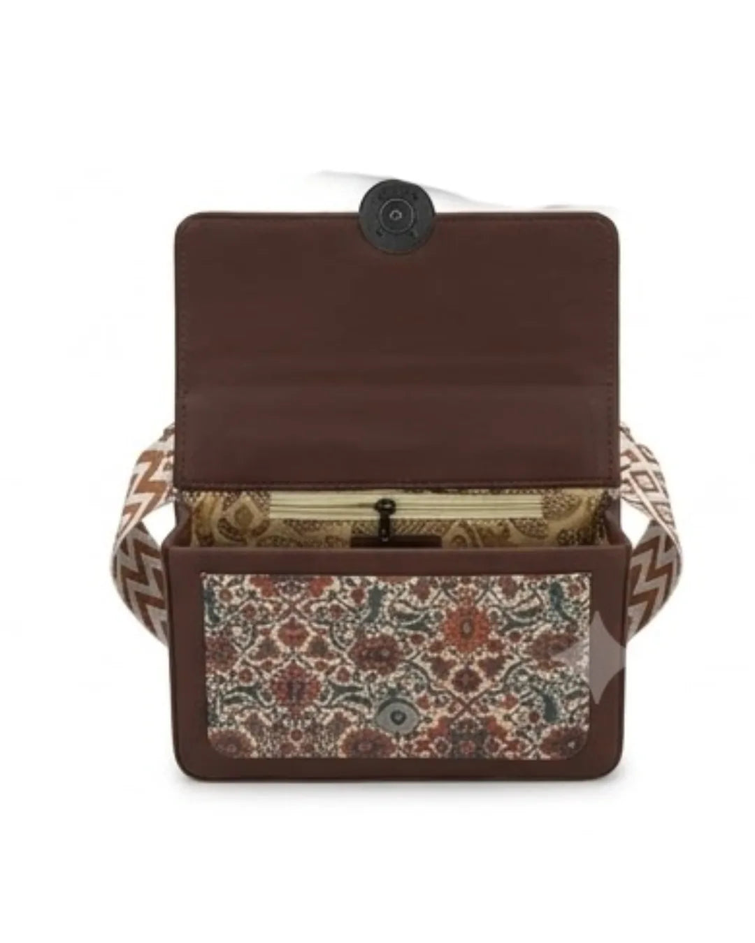 Brown bag with patterned flap on a white background
