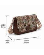 Floral patterned bag with measurements on a white background