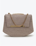 Beige handbag with a gold chain strap on a white background