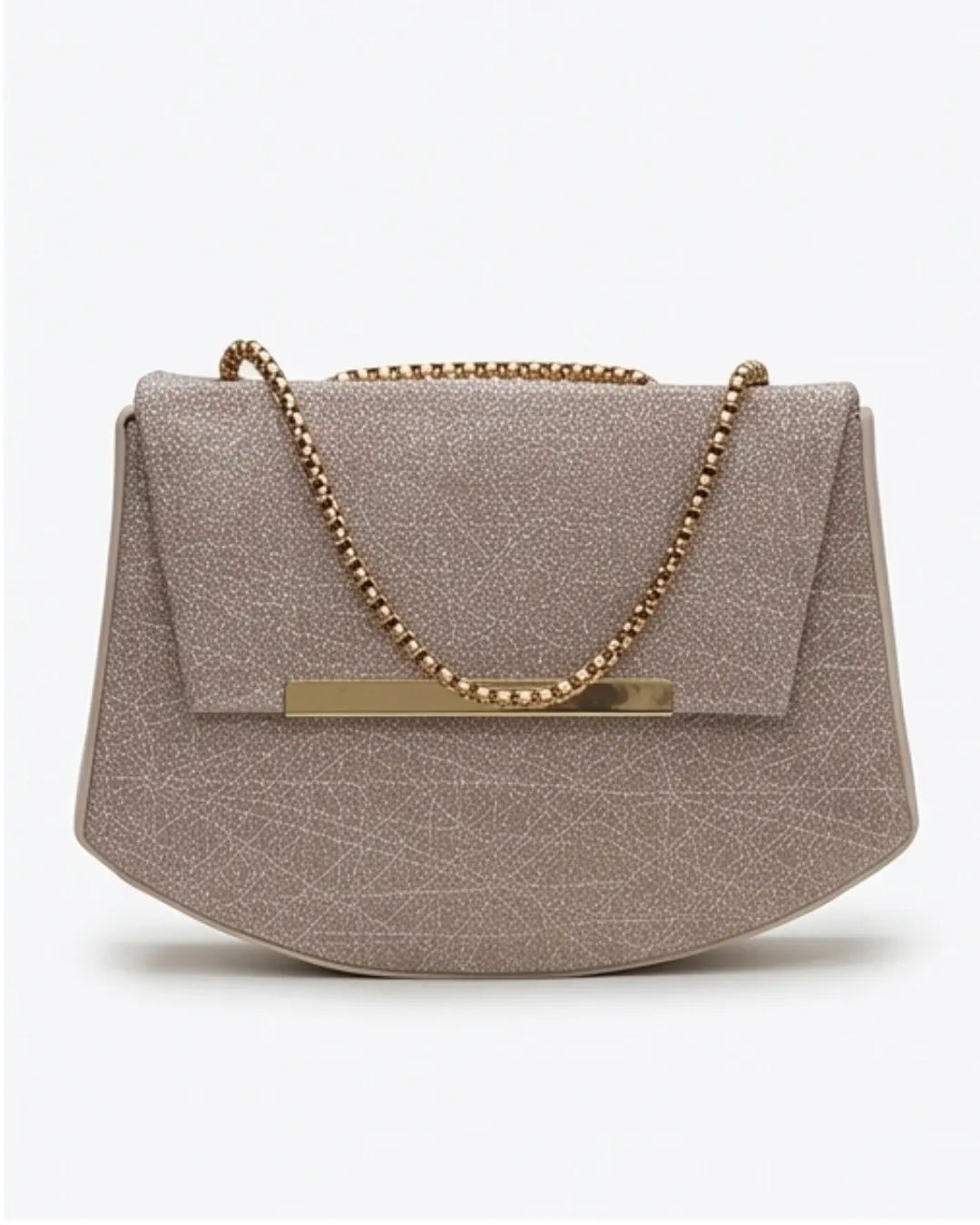 Beige handbag with a gold chain strap on a white background