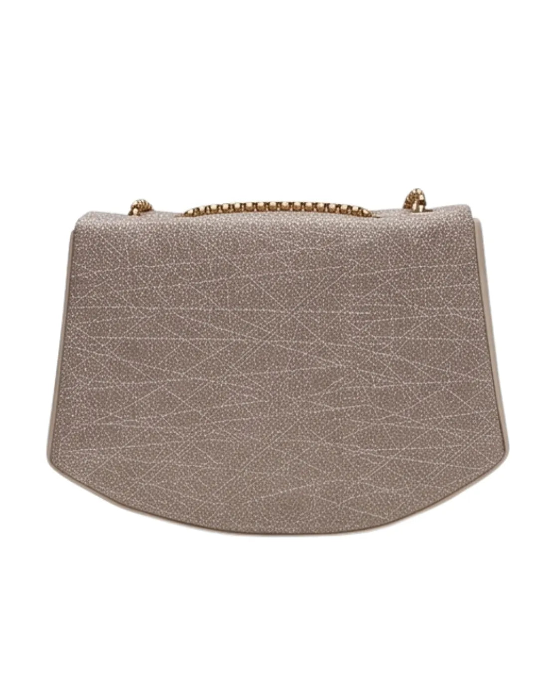 Silver clutch bag with gold chain on a white background