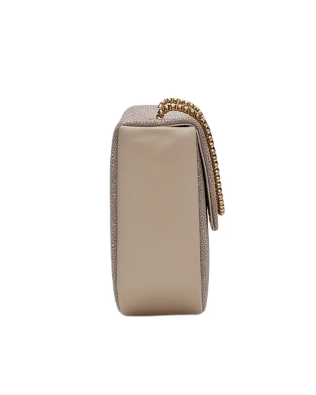 Beige clutch bag with gold chain on a white background