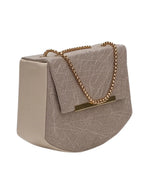 Beige handbag with a gold chain on a white background