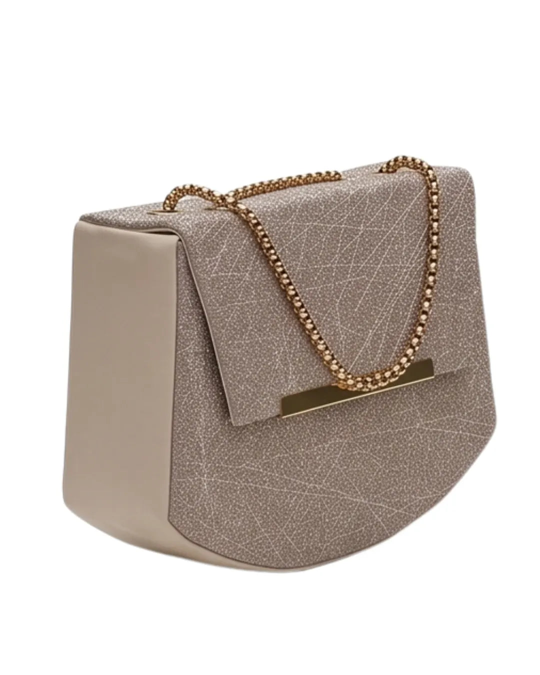 Beige handbag with a gold chain on a white background