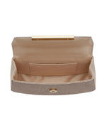 Open beige clutch bag with gold clasp on a white background