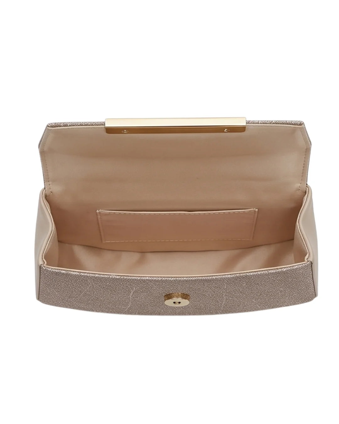 Open beige clutch bag with gold clasp on a white background