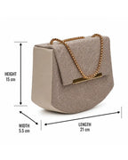 Beige handbag with gold chain and dimensions on a white background