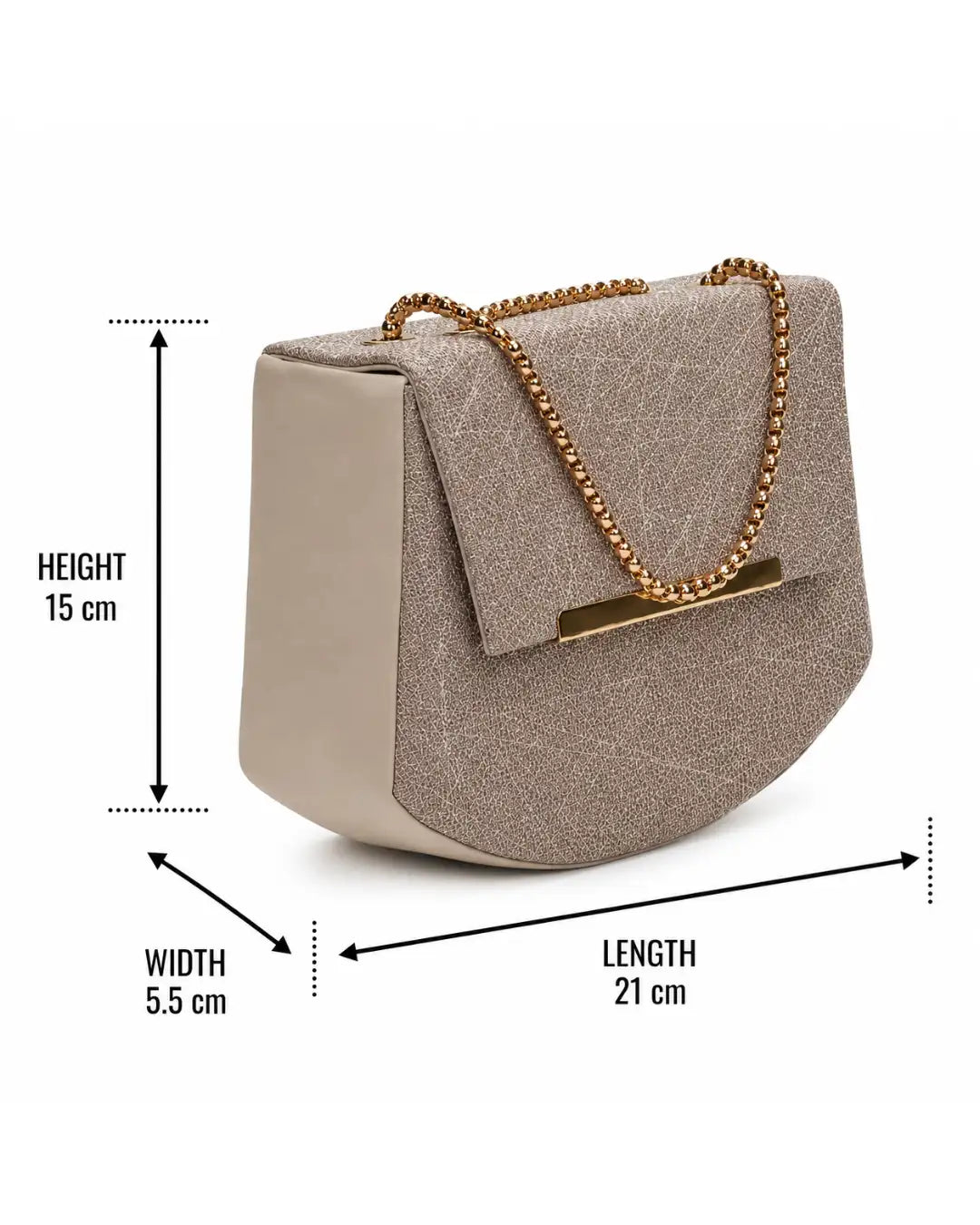Beige handbag with gold chain and dimensions on a white background
