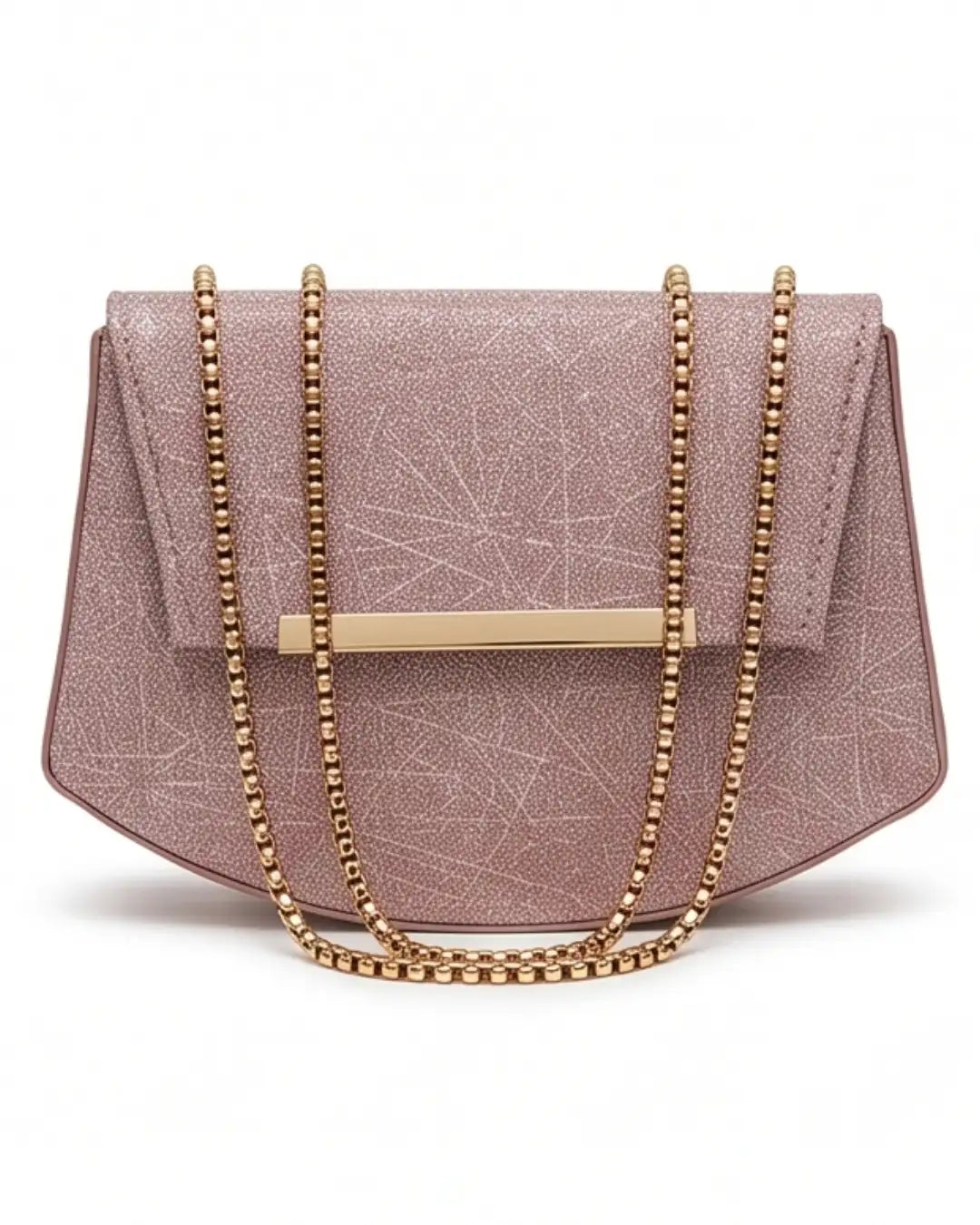 Pink handbag with gold chain strap on a white background