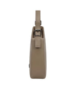 Beige crossbody bag with strap on a white background