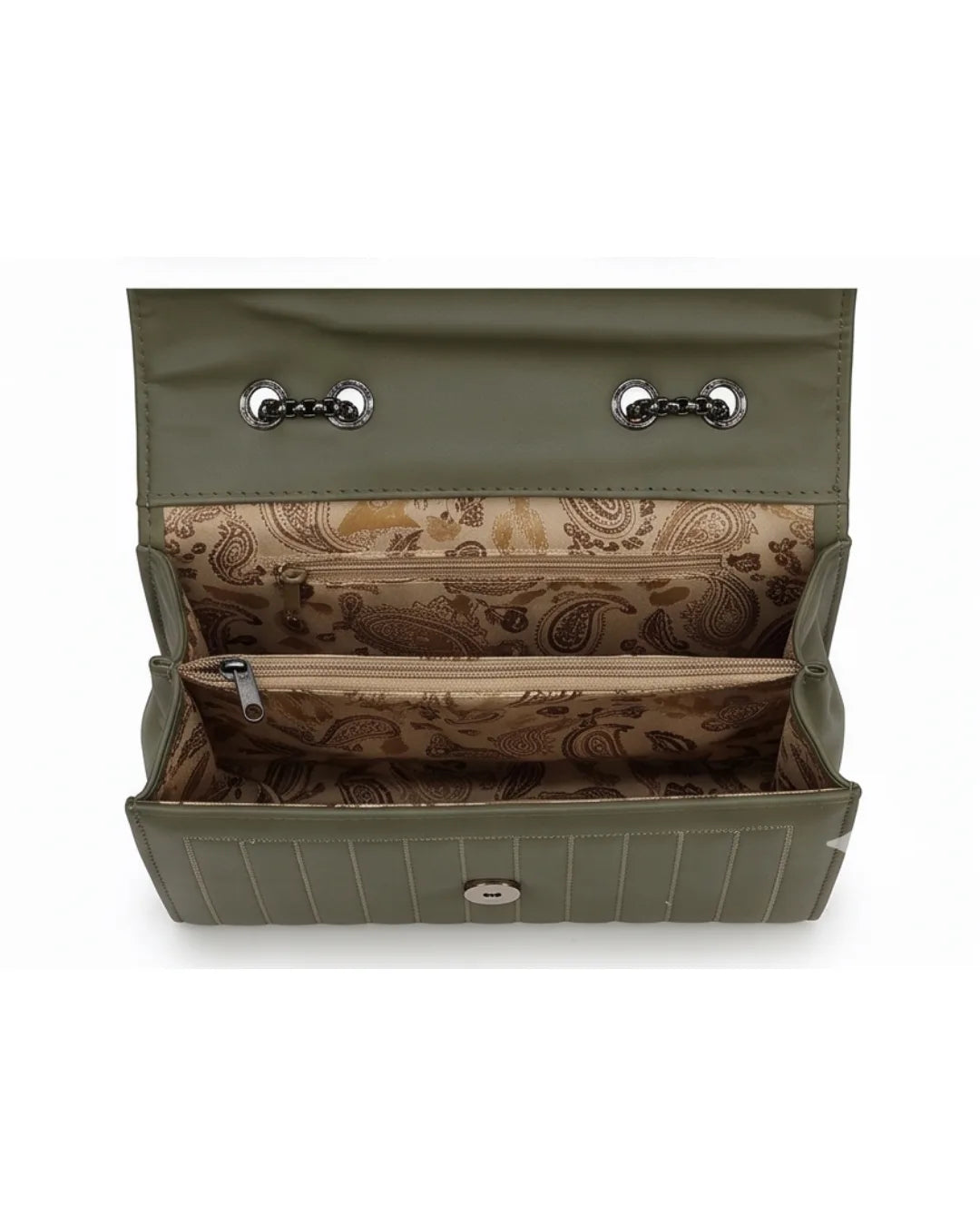 Green handbag with paisley pattern interior on a white background