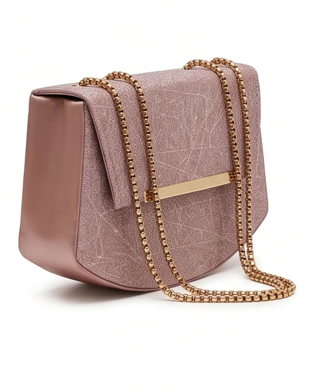 Pink handbag with gold chain strap on a white background