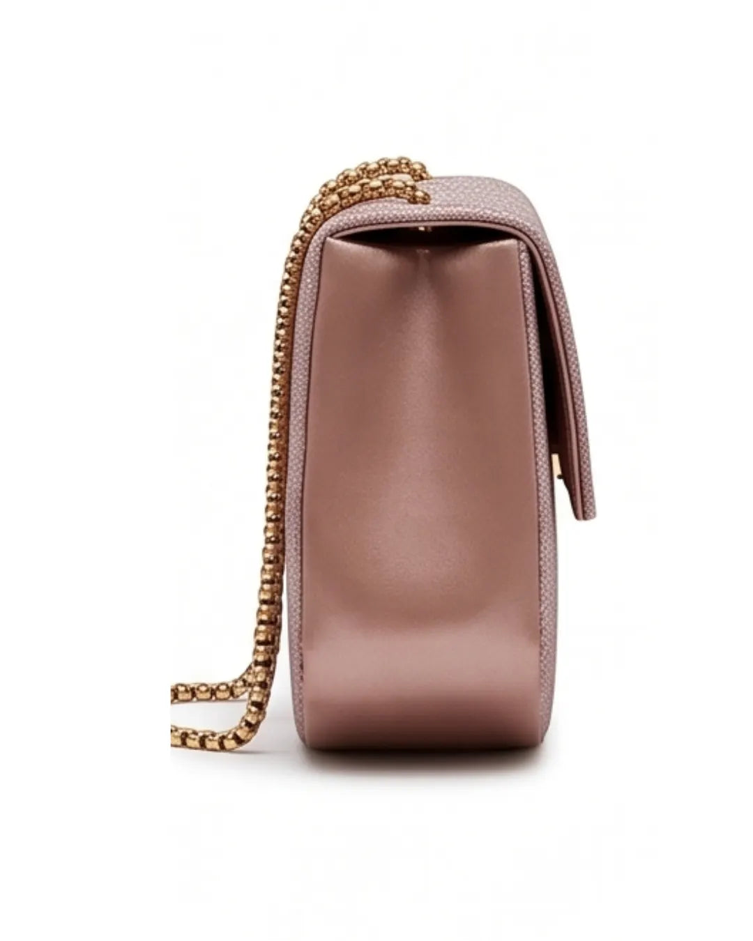 Pink handbag with a gold chain on a white background