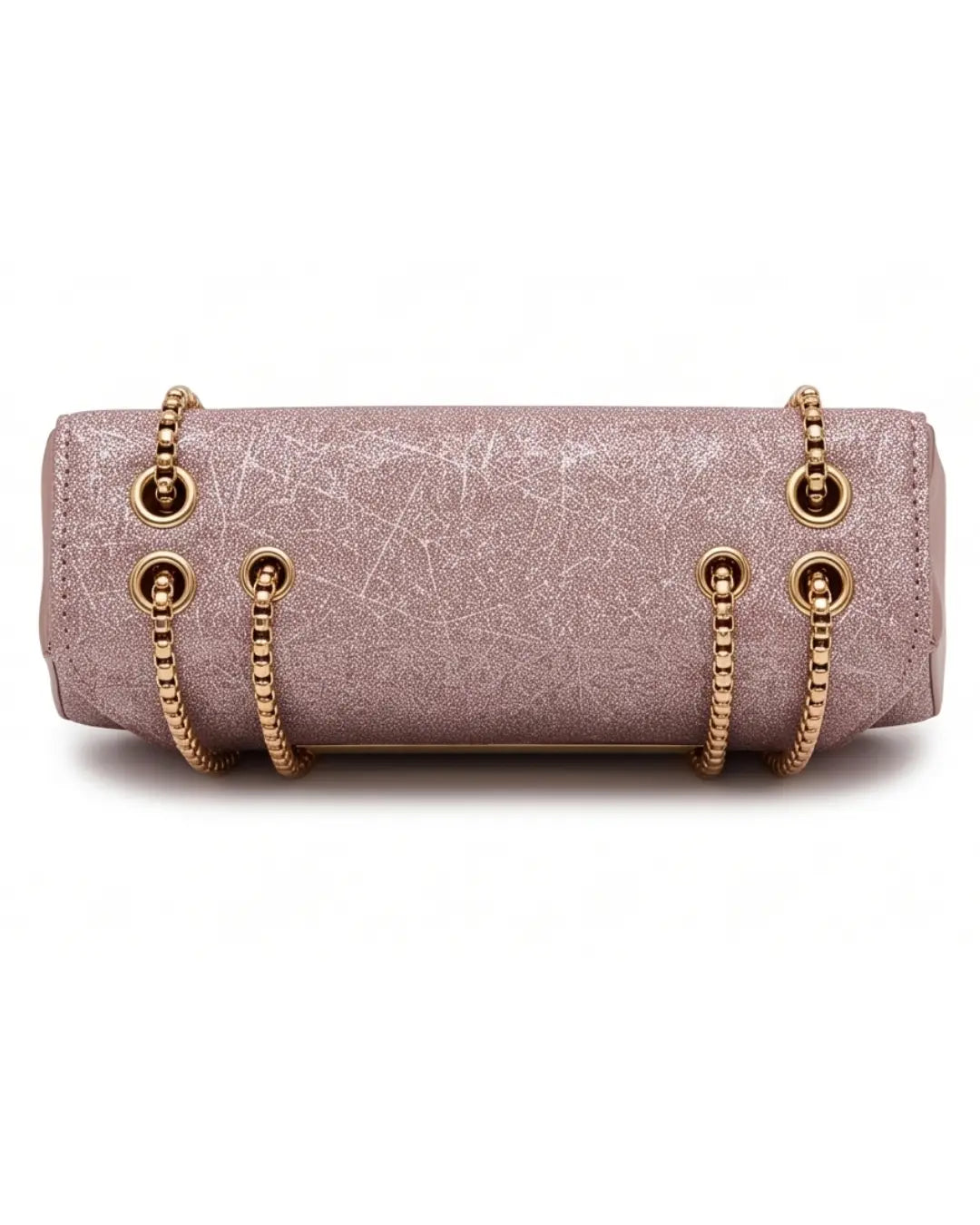 Pink glittery handbag with gold chain straps on a white background