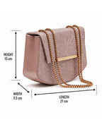 Pink handbag with gold chain strap and dimensions on a white background