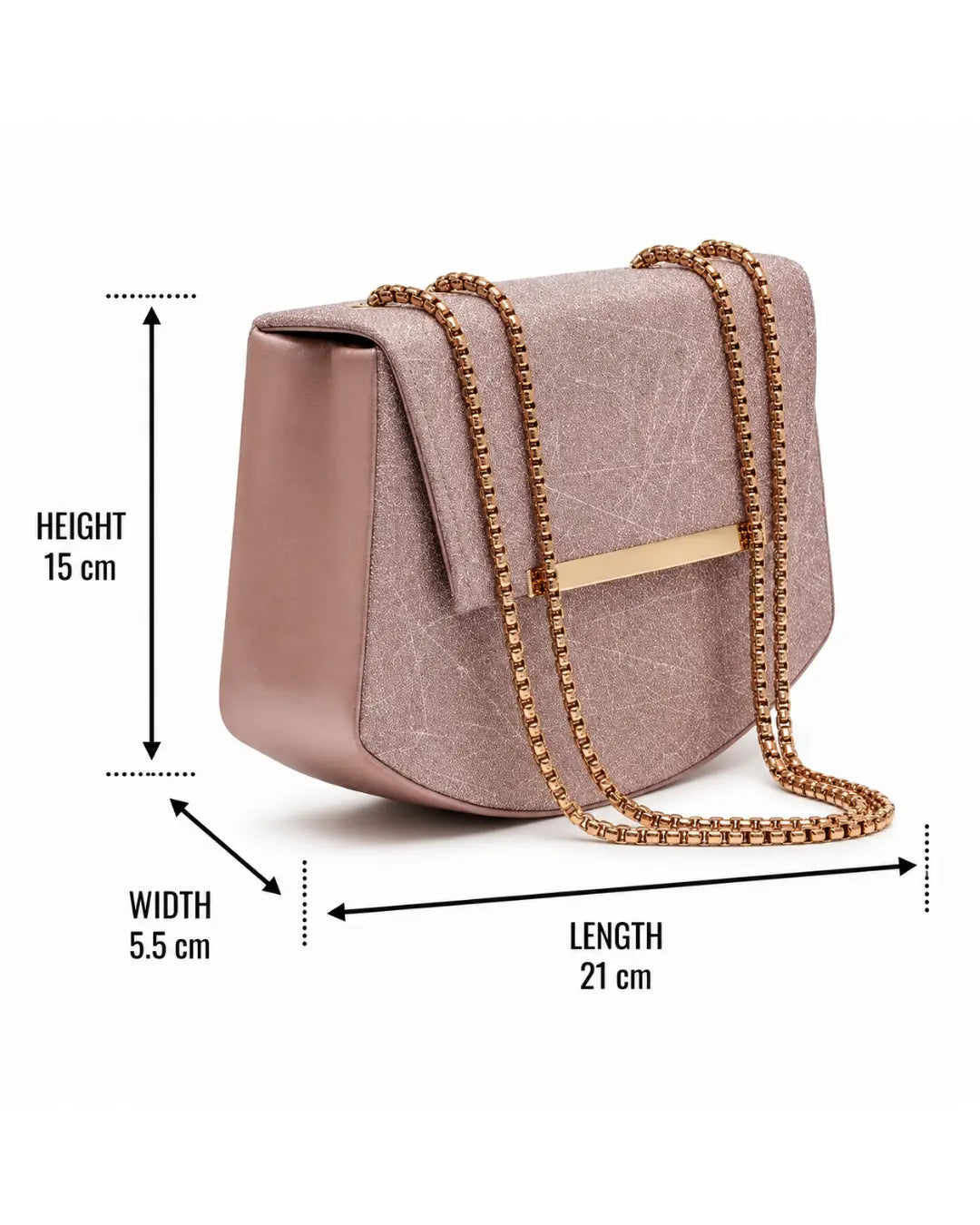 Pink handbag with gold chain strap and dimensions on a white background