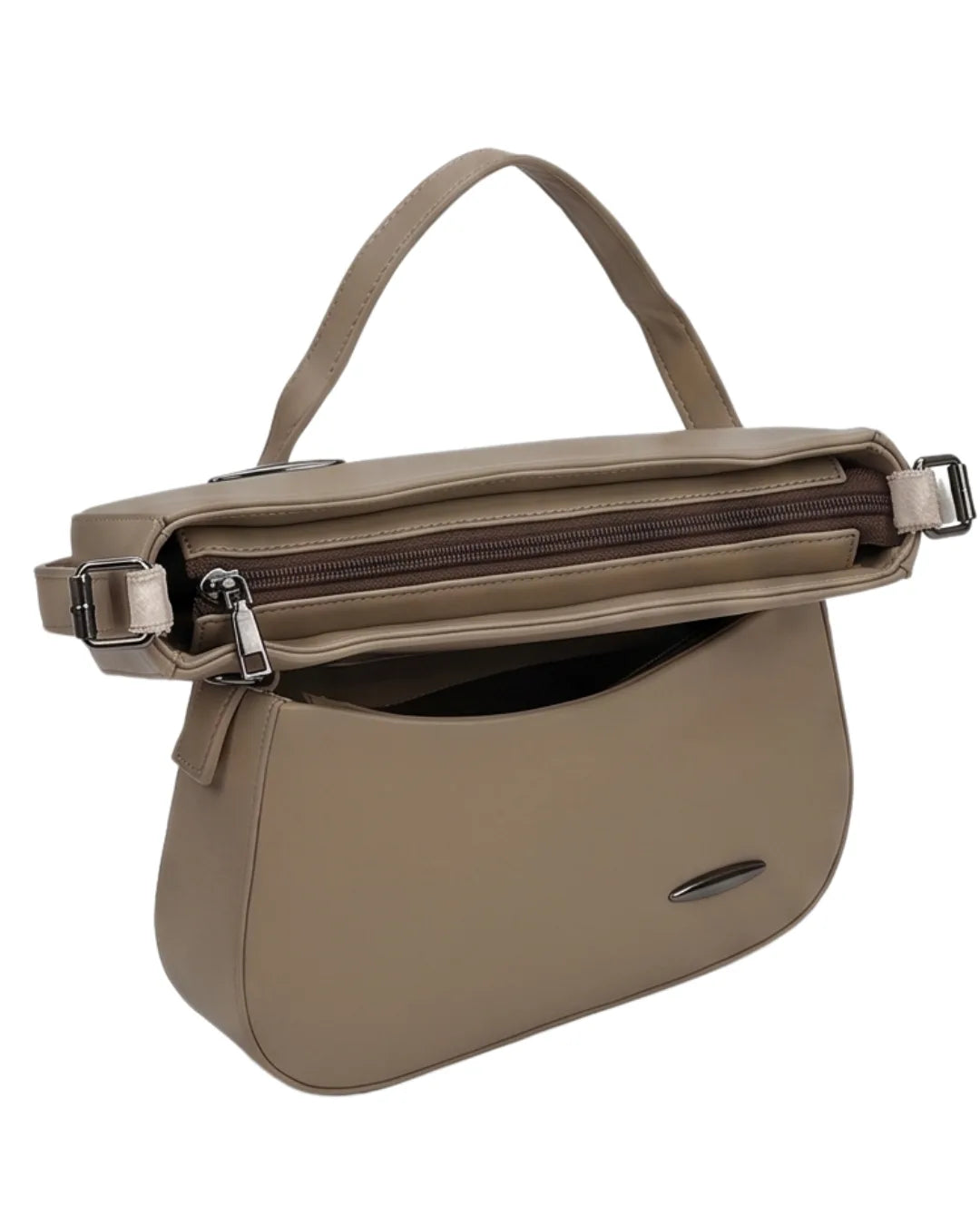 Beige handbag with a shoulder strap on a white background