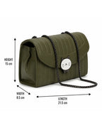 Green handbag with chain detail and dimensions on a white background