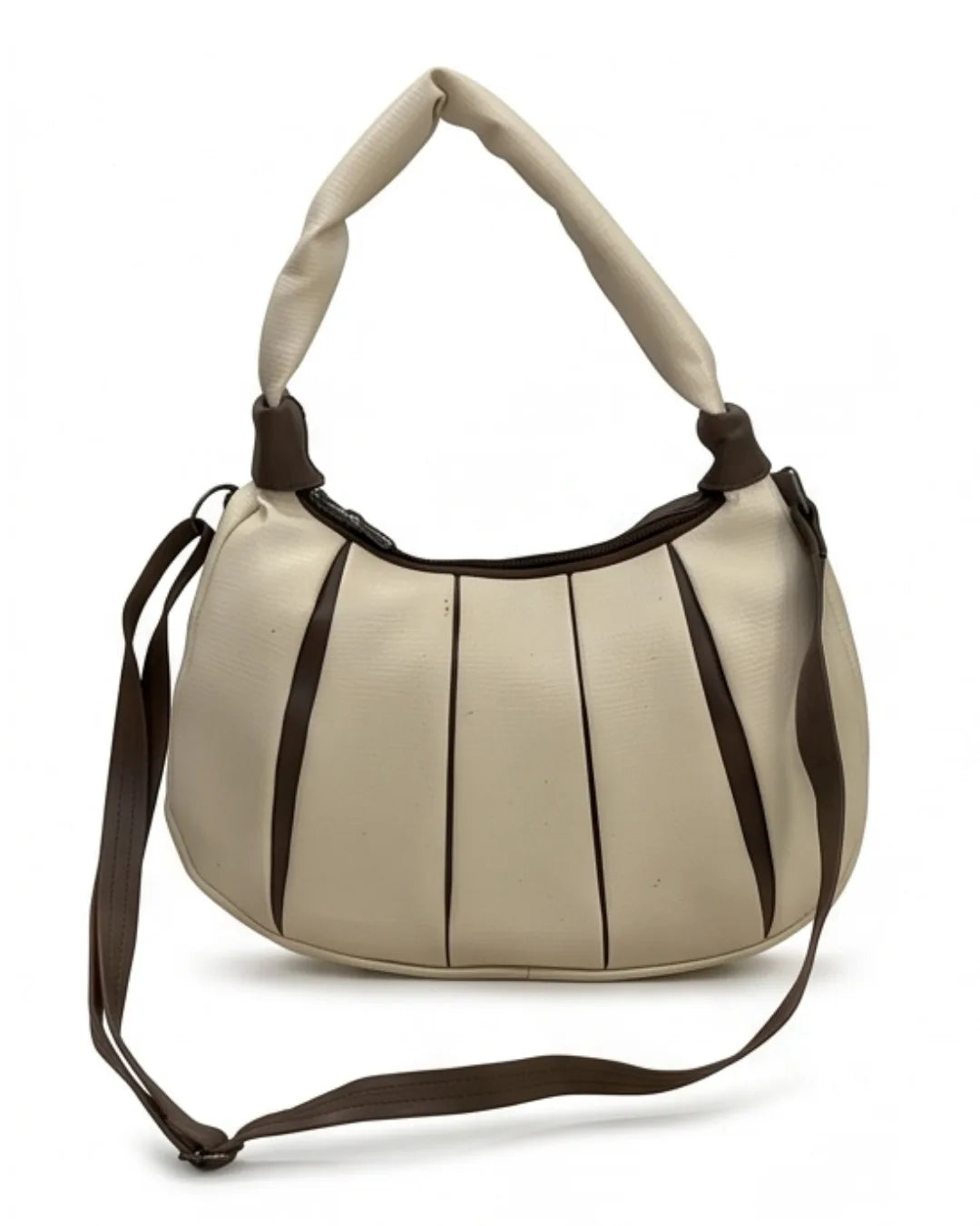 Beige handbag with brown straps on a white background