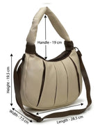 Beige handbag with brown straps and dimensions labeled on a white background