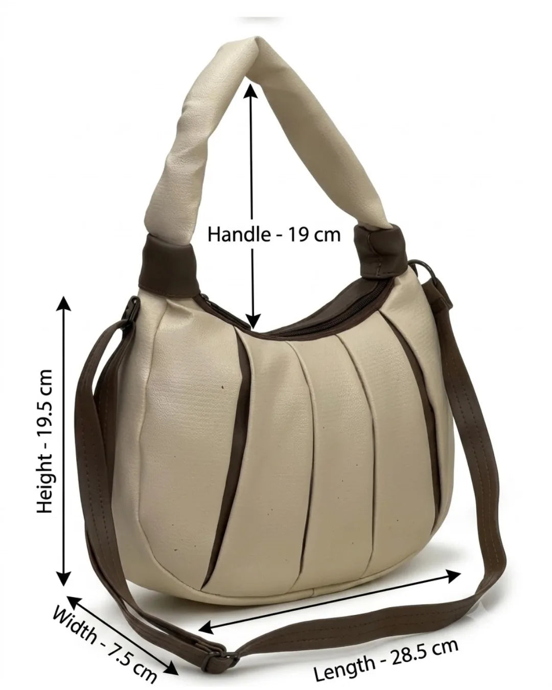 Beige handbag with brown straps and dimensions labeled on a white background