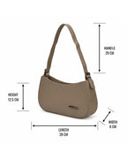 Beige handbag with measurements on a white background