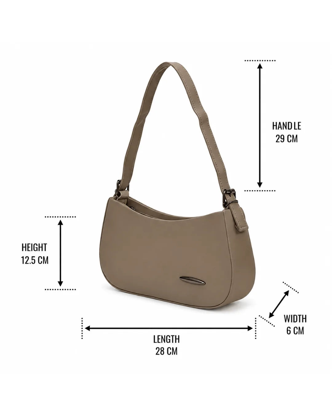 Beige handbag with measurements on a white background
