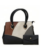 Multicolored handbag with a matching wallet on a white background