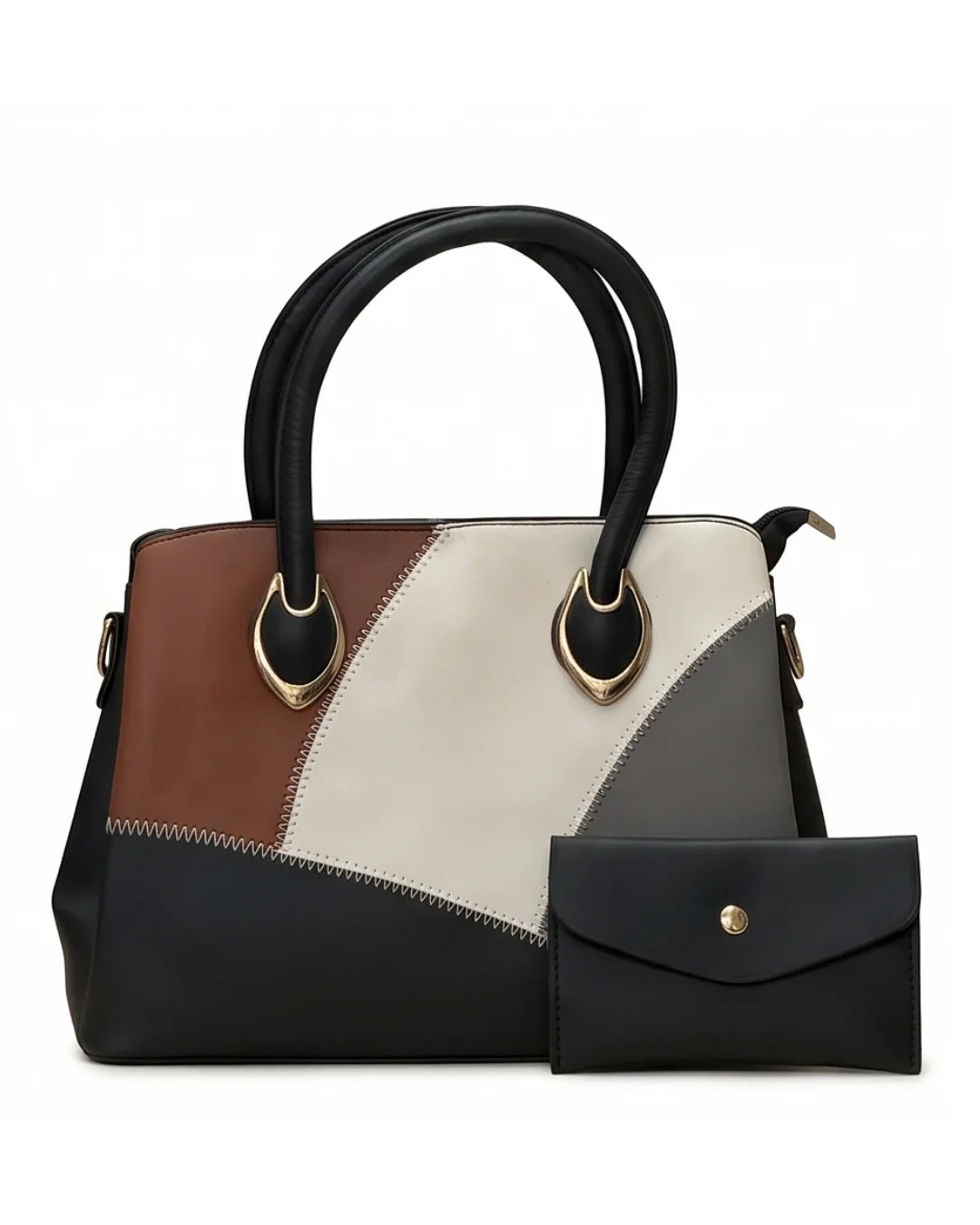 Multicolored handbag with a matching wallet on a white background