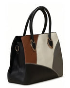 Multicolored handbag with black, brown, and beige sections on a white background