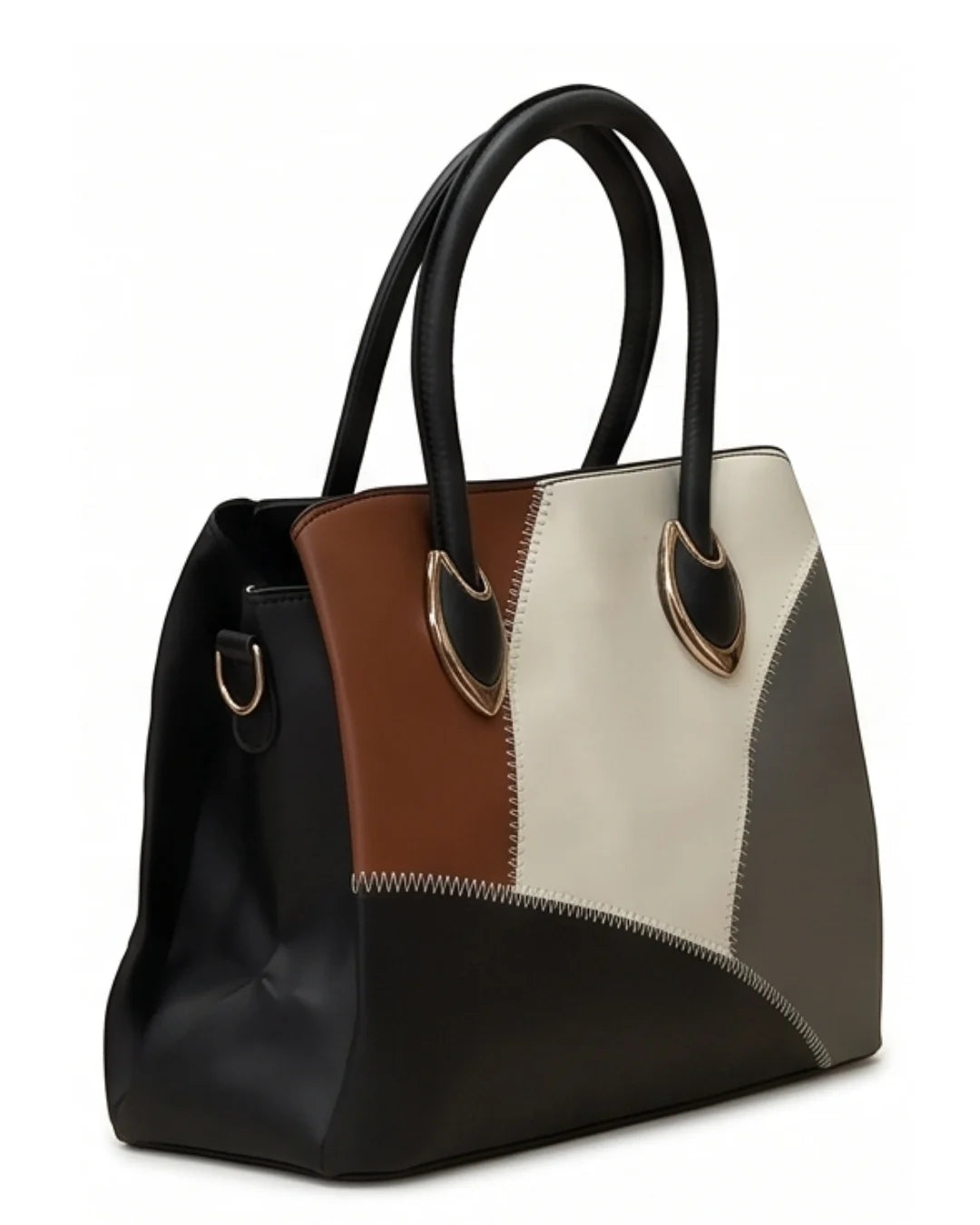 Multicolored handbag with black, brown, and beige sections on a white background