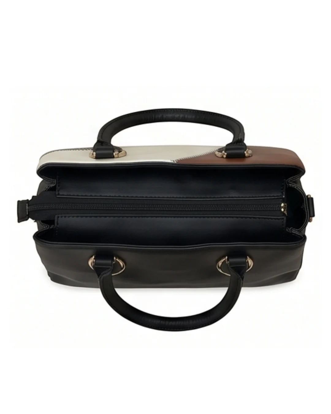 Black handbag with a white interior on a white background