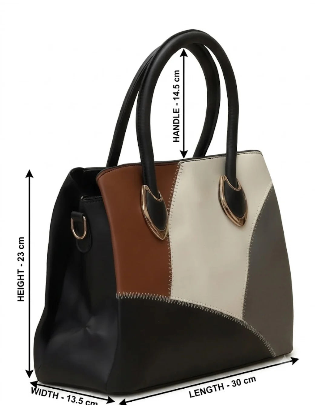 Multicolored handbag with dimensions indicated on a white background