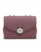 Pink striped handbag with a cat-shaped clasp on a white background