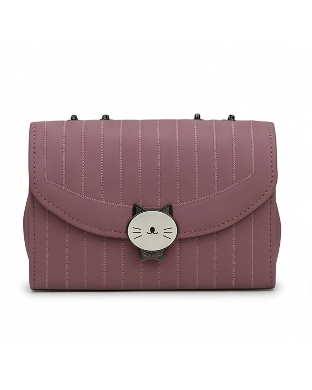 Pink striped handbag with a cat-shaped clasp on a white background