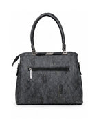 Gray handbag with black handle on a white background