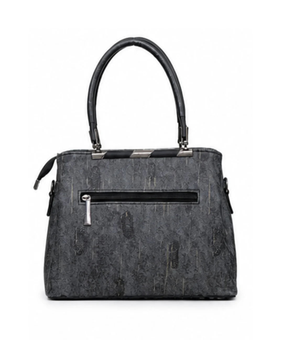 Gray handbag with black handle on a white background
