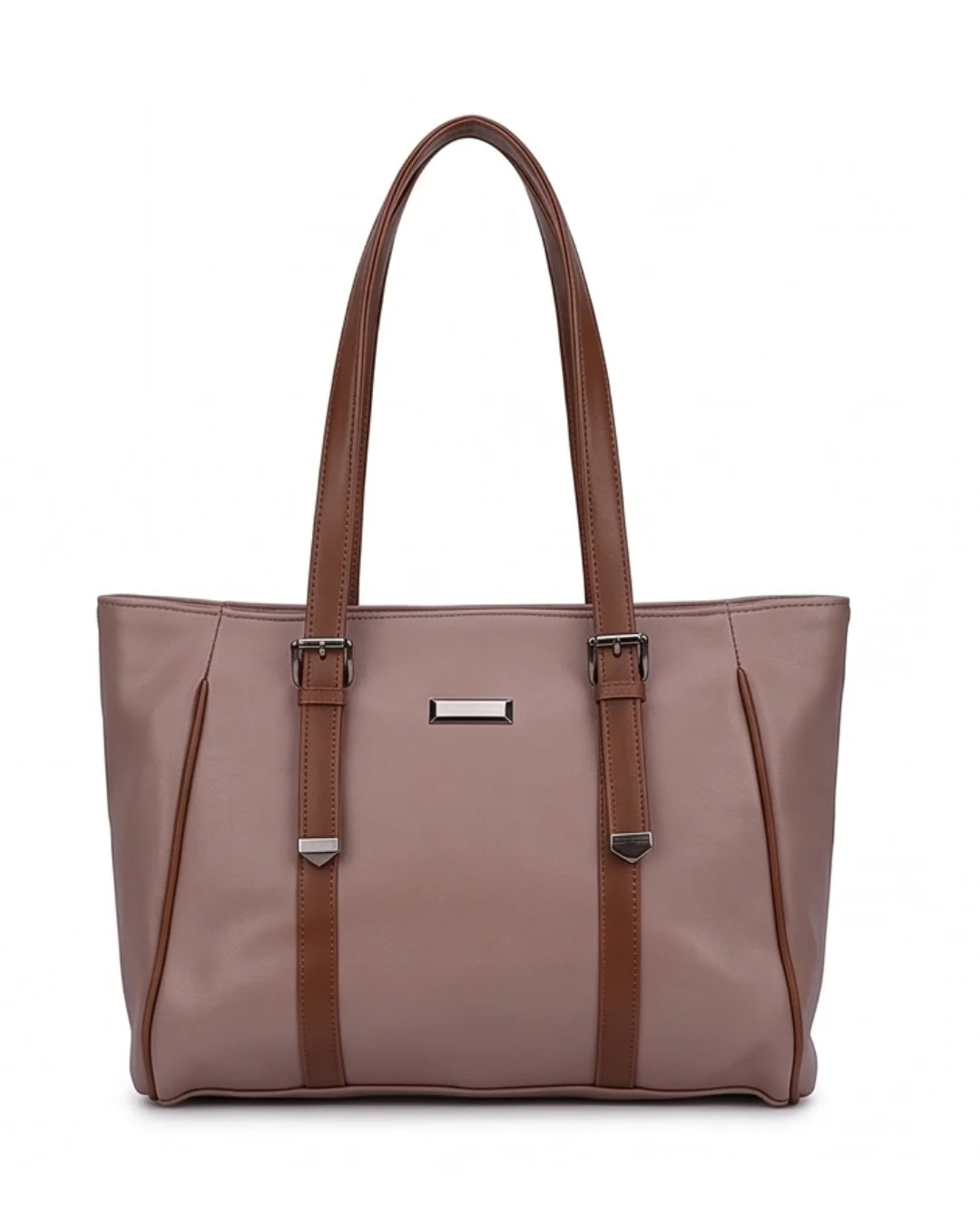 Brown handbag with matching straps on a white background