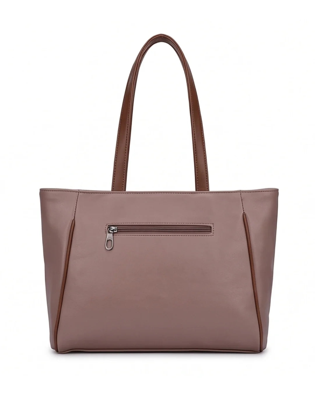 Brown handbag with a visible zipper on a white background