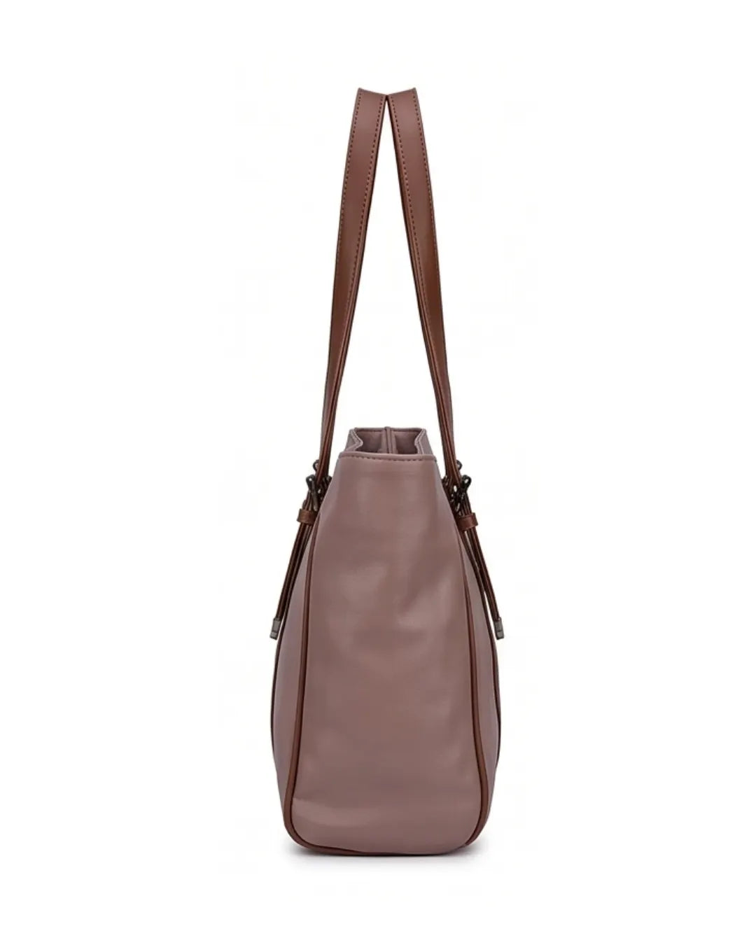 Brown leather handbag with brown straps on a white background