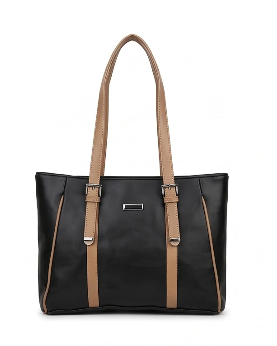 Black handbag with brown straps on a white background