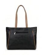 Black handbag with brown accents on a white background