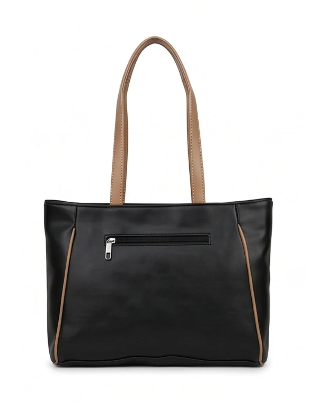 Black handbag with brown accents on a white background