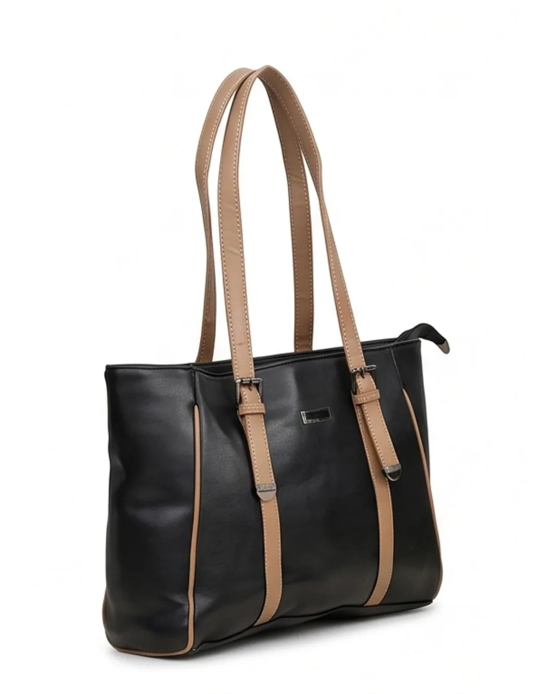 Black handbag with brown straps on a white background