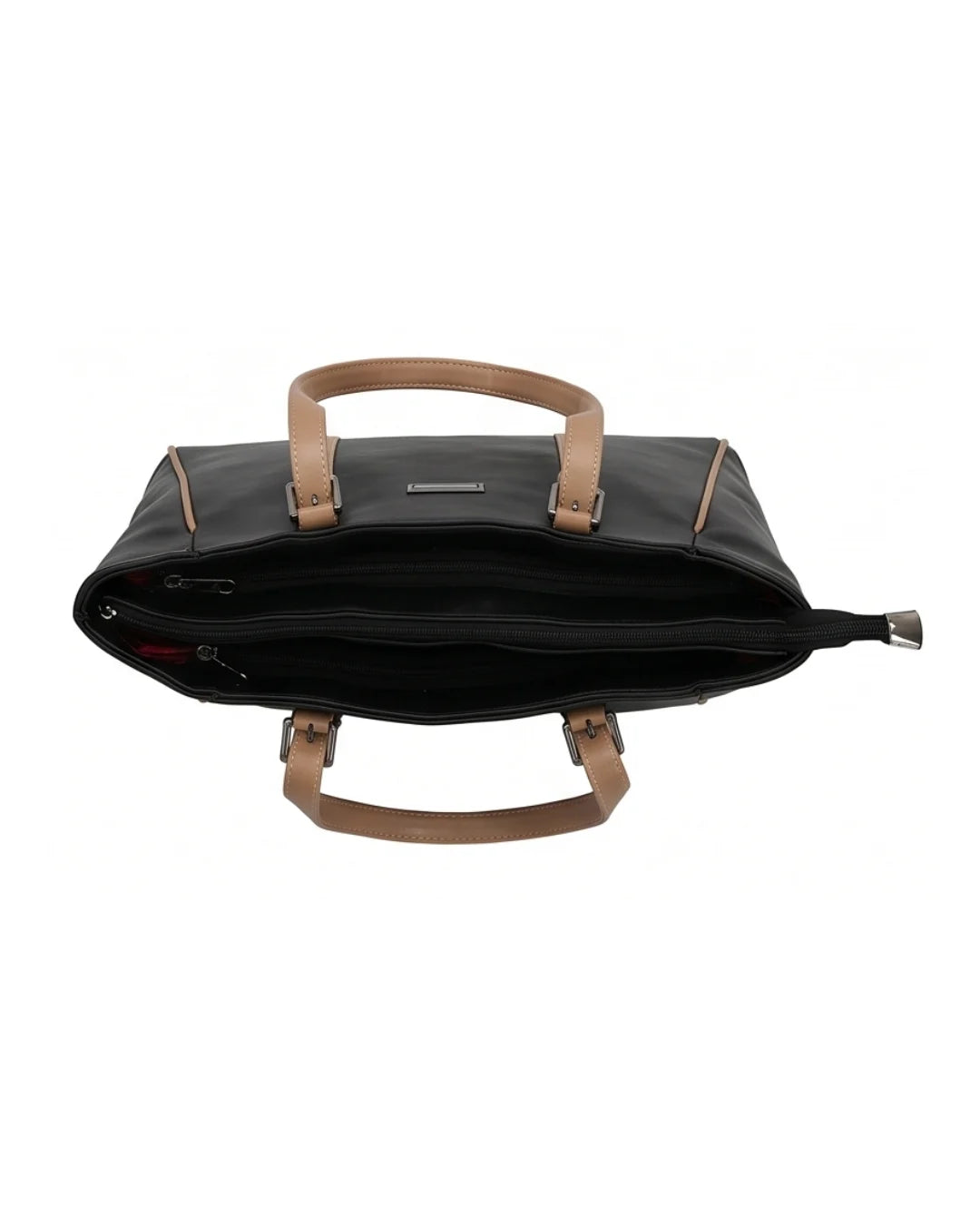 Black briefcase with brown leather handles and trim on a white background